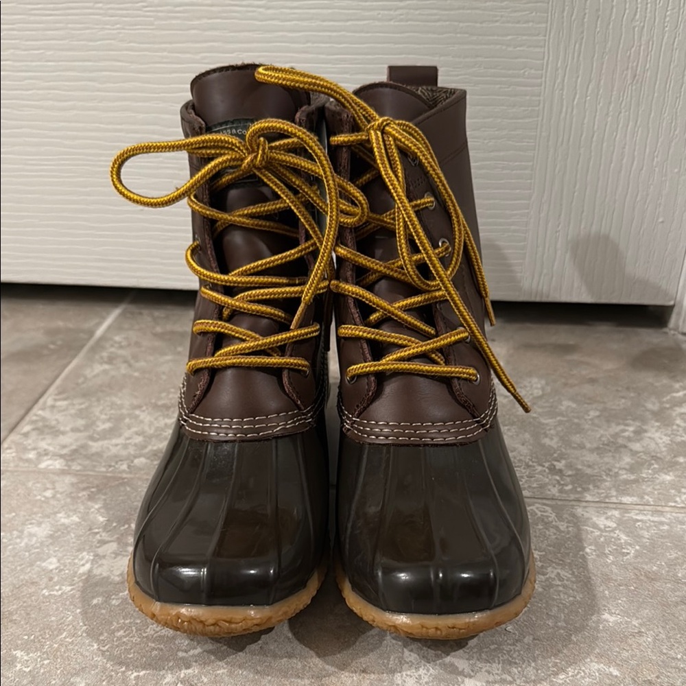 Brown and Black Duck Boots with Yellow Laces